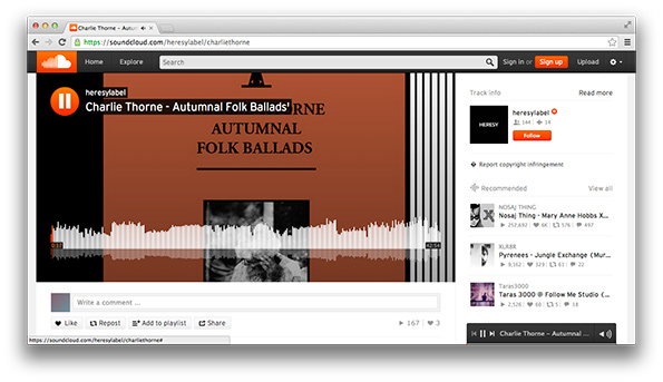 A screenshot of a SoundCloud page playing a track by Charlie Thorne. The album art is a burnt orange cover with the title “Autumnal Folk Ballads” in black serif type.