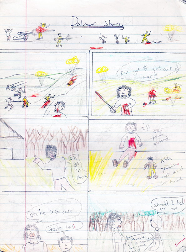 A child's drawing on lined paper titled “Palmer Story”. The comic strip depicts a series of battle scenes with stick figures, weapons and red splashes of colour. Speech bubbles contain handwritten text, including “I’ve got to get out of here” and “I’ll be your friend”.