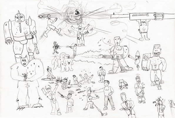 A black and white ink drawing of a chaotic scene featuring various surreal characters. A giant robot and a large furry creature stand on the left, while other figures engage in combat with oversized weapons.
