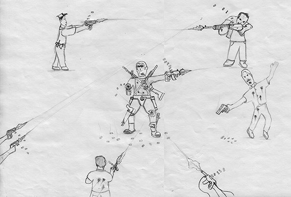 A pencil drawing of a central figure surrounded by five other people pointing guns at them. The central figure is heavily armed with various weapons and gear, returning fire with a handgun.