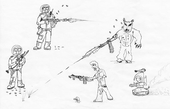 A black and white sketch of a chaotic battle scene. Two figures in futuristic suits fire rifles at a large, furry creature and a person with a gun, while a small robot fires from the right.
