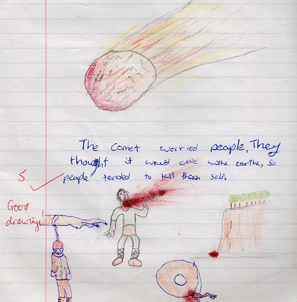 A child's drawing on lined paper shows a red comet with a yellow trail streaking across the page. Below, a figure is depicted with a red streak coming from their head, alongside handwritten text that reads “The Comet worried people, They thought it would colide with the earth, so people tended to kill them self.”