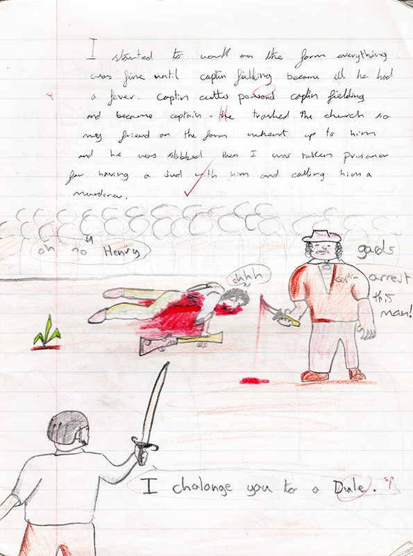 A child's drawing and handwritten story on lined paper. A figure holds a sword and a speech bubble reads “I chalonge you to a Dule.” In the background, a person lies on the ground in a pool of red ink while another figure stands over them.