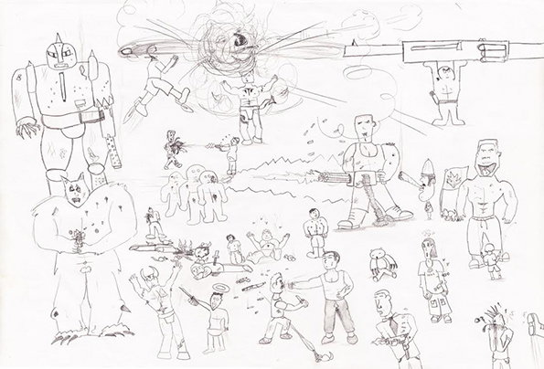 A black and white line drawing of a chaotic scene featuring various surreal characters. A giant robot and a large furry creature stand on the left, while other figures engage in battles with oversized weapons.