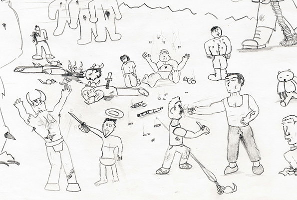 A black and white line drawing of a chaotic scene featuring various figures in a desolate landscape. In the foreground, one person holds another by the face while others lie on the ground or stand nearby.