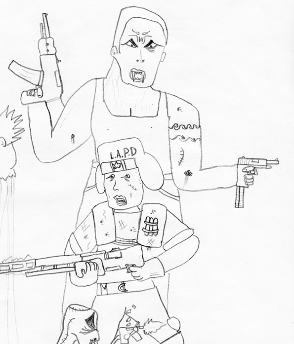 A line drawing of two figures holding guns. A tall person with a menacing expression stands behind a smaller figure wearing a tactical vest and a hat that reads “L.A.P.D”.