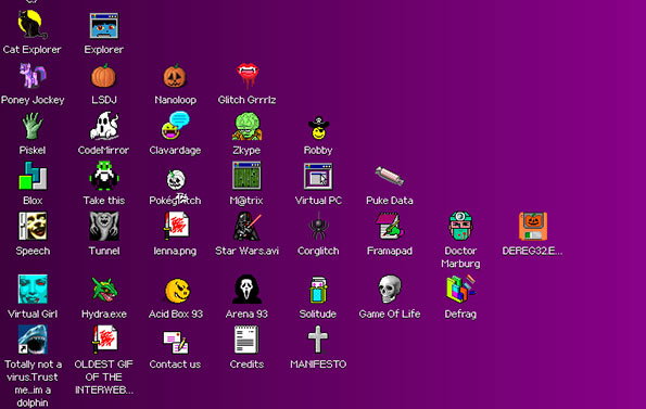 A digital collage of various software icons and files arranged on a solid purple background. The icons feature surreal, glitchy, and retro imagery with labels such as “Cat Explorer”, “LSDJ”, “Star Wars.avi” and “MANIFESTO”.