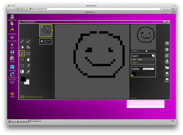 A screenshot of the Windows 93 operating system showing a pixel art editor. A large, black-and-white smiley face is being drawn on a grey grid.