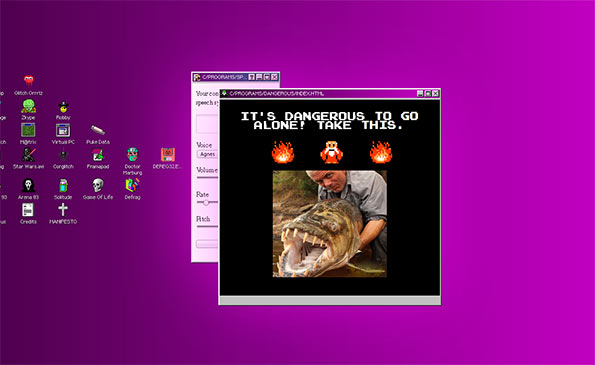 A digital collage of a computer desktop with a purple gradient background. A central window displays a pixelated figure and the text “IT’S DANGEROUS TO GO ALONE! TAKE THIS.” above a photo of a person holding a large fish with its mouth open.