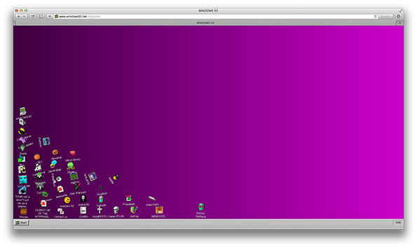 A web browser window displays a purple screen with the title “Windows 93”. A cluster of colourful, glitchy icons and folders are scattered across the bottom left corner.