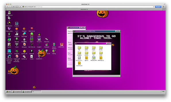 A screenshot of a web browser displaying a nostalgic Windows 93 interface with a bright purple background. A pop-up window contains a folder of files and the text “IT’S DANGEROUS TO GO ALONE! TAKE THIS.” Pixelated pumpkins are scattered across the screen.