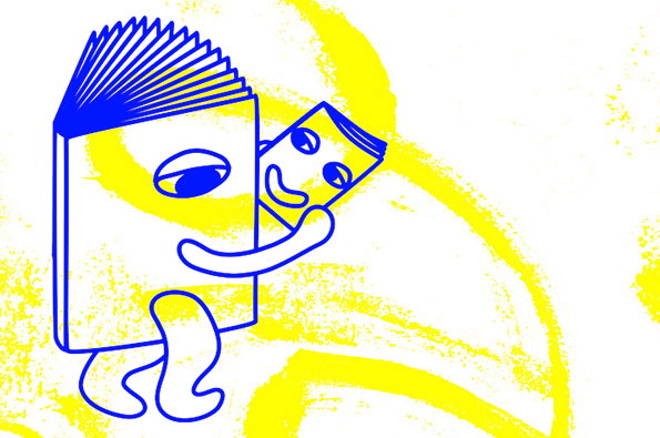 An illustration of a large book character hugging a smaller book character. Both figures have simple faces and are drawn with blue outlines against a textured yellow and white background.