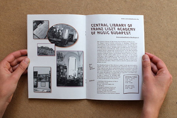 An open brochure for the “Central Library of Franz Liszt Academy of Music Budapest”. The left page features a collage of black and white photographs showing library interiors and architecture.