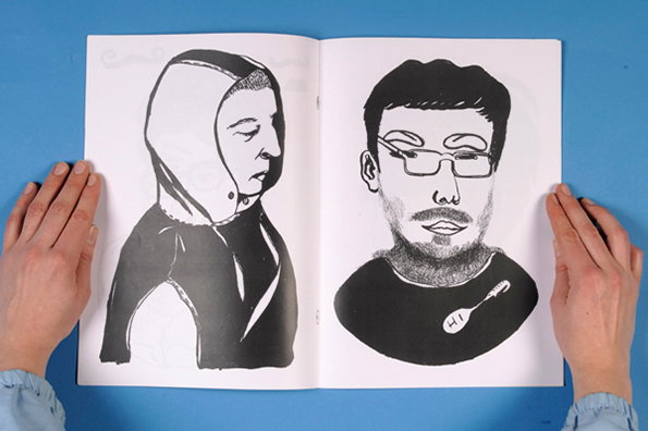 An open book shows two black and white illustrations of people facing each other. The figure on the left wears a hooded cloak, while the figure on the right wears glasses and a black T-shirt.