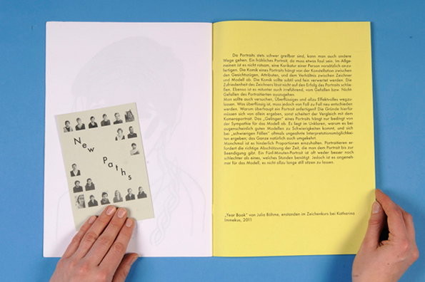 An open book held by two hands against a blue background. The left page features a small insert titled “New Paths” with a grid of portrait photographs, while the right page contains several paragraphs of German text.
