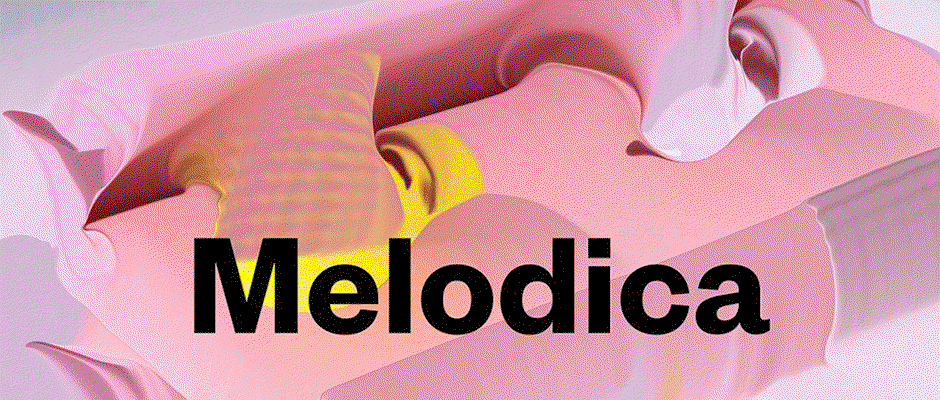 A 3D render of fluid, swirling shapes in shades of pink and yellow. The word “Melodica” is written across the centre in a bold, black sans-serif typeface.