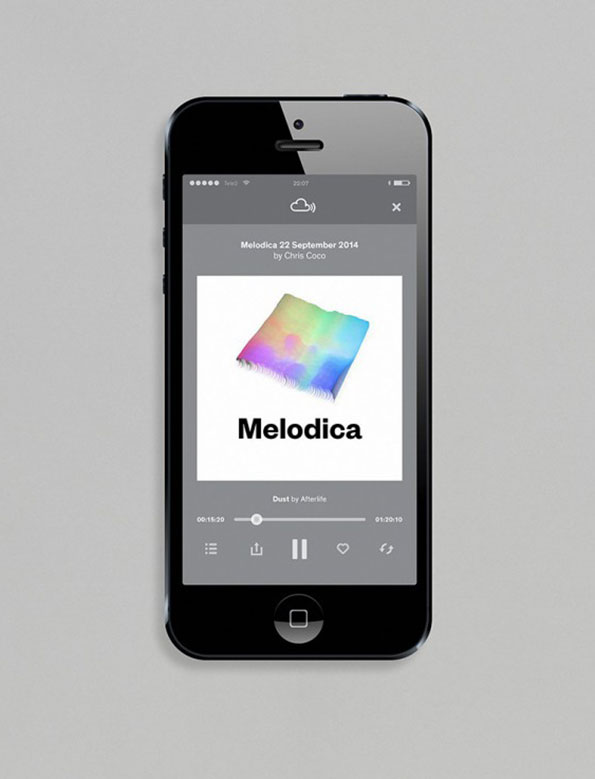 A smartphone displays a music player app. The screen shows a white album cover with a colourful, blurred square and the word “Melodica”, with the track title “Melodica 22 September 2014 by Chris Coco” listed above.