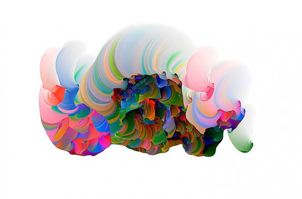 A 3D render of a fluid, abstract shape in a spectrum of vibrant colours against a white background. The form consists of swirling, ribbon-like layers that curve and fold into a dense, organic mass.