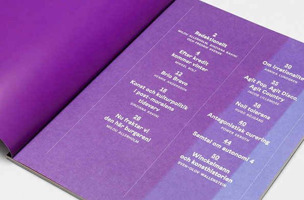 An open magazine with purple pages shows a table of contents. White text lists various articles and authors, including “Brio Bravo” and “Noll tolerans”.