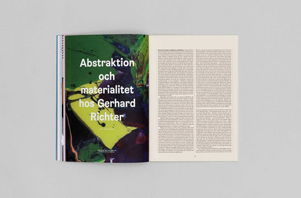 An open book shows a spread featuring a vibrant abstract painting in green, yellow and purple. Bold white text laid over the image reads “Abstraktion och materialitet hos Gerhard Richter”.