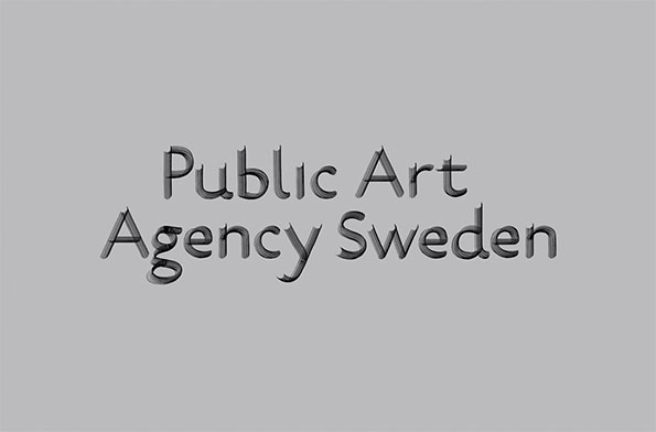 The words “Public Art Agency Sweden” are centred on a plain grey background. The text is rendered in a 3D style with a metallic, textured finish.