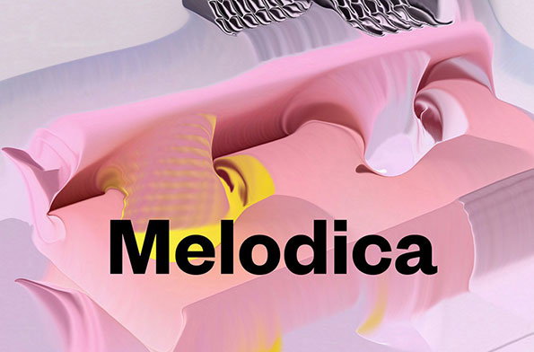 A 3D render of fluid, swirling shapes in shades of pink and yellow. The word “Melodica” is written across the centre in a bold, black sans-serif typeface.