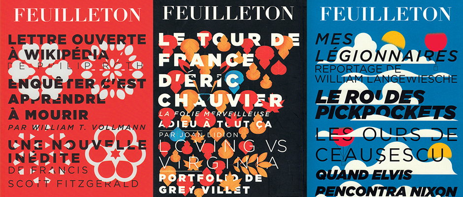 Three typographic posters in red, black and blue, each headed with the word “Feuilleton”. The layouts feature bold, overlapping text and abstract floral or cloud shapes, listing various articles and authors.
