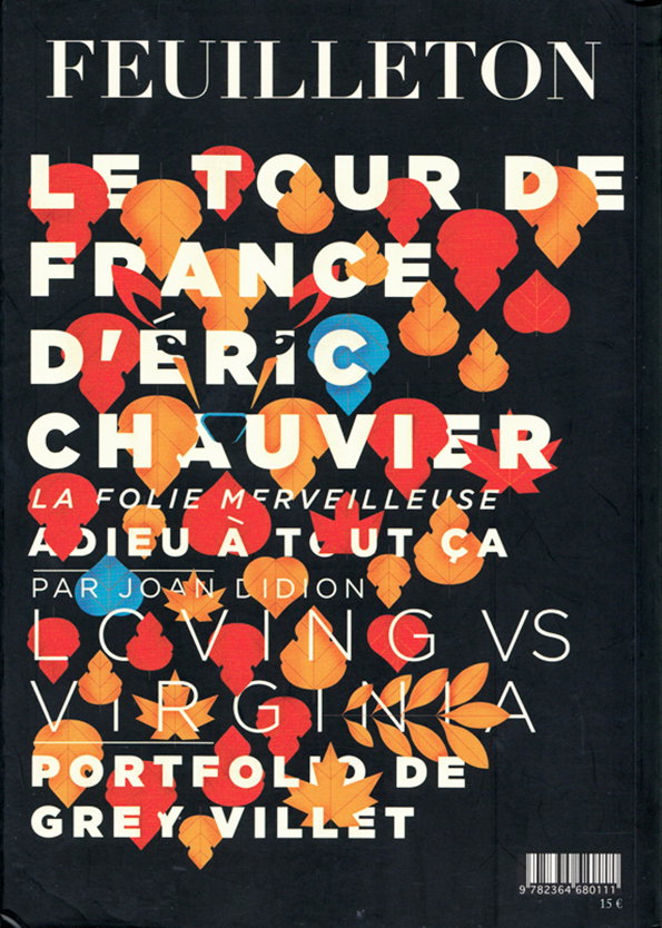 A book cover with a black background and bold white and orange typography. The title “Feuilleton” sits at the top, above a list of titles including “Le Tour de France d’Eric Chauvier” and “Loving vs Virginia”. Stylised orange and red leaves are layered over the text.