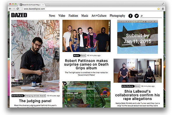 A screenshot of the Dazed Digital website homepage. Articles feature Robert Pattinson, Shia LaBeouf and a person working in a paint-splattered studio.