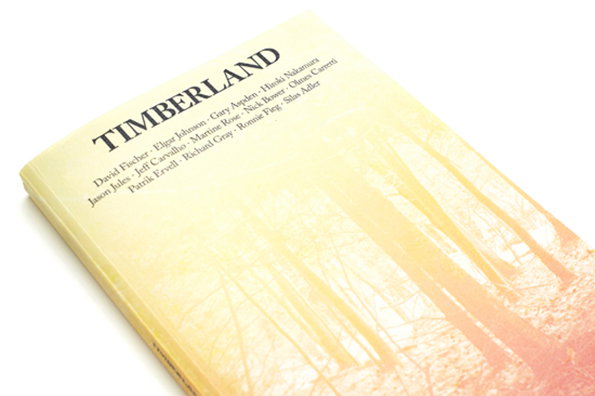 A book cover featuring a soft-focus image of a forest in pale yellow and pink tones. The word “Timberland” is printed in a bold serif font, followed by a list of names including “David Fischer” and “Martine Rose”.