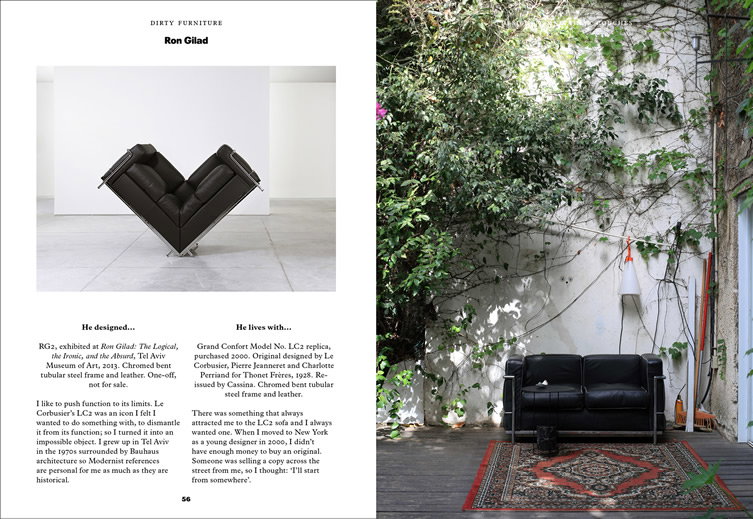 A two-page spread from a publication titled “Dirty Furniture” featuring the designer Ron Gilad. The left page shows a sculptural, V-shaped black leather chair with a chrome frame, accompanied by text describing the piece. The right page shows a black leather sofa placed in a courtyard against a white wall overgrown with green climbing plants.