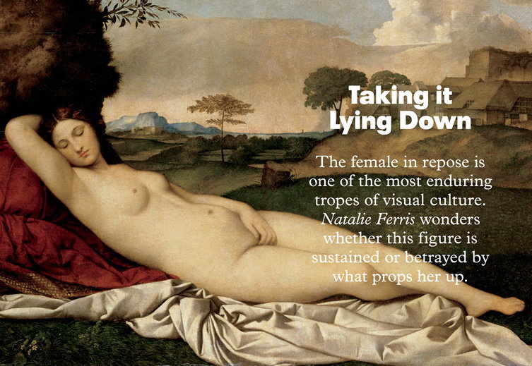 A painting of a nude figure reclining across a landscape, resting their head on a red cushion. Bold text laid over the image reads “Taking it Lying Down”, followed by a short paragraph by Natalie Ferris.