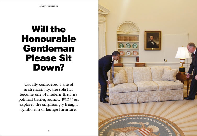 A two-page magazine spread. The left page features a bold headline that reads “Will the Honourable Gentleman Please Sit Down?” followed by an introductory paragraph about the symbolism of lounge furniture. The right page shows Barack Obama and another person leaning over a cream-coloured sofa in a formal room.