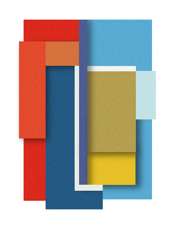 An abstract composition of overlapping rectangular shapes in red, blue, yellow and green. The forms are layered to create a sense of depth against a plain white background.