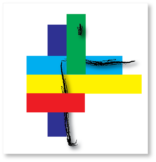 An abstract illustration of overlapping colourful rectangles in blue, green, yellow and red. A loose, black ink-like scribble winds vertically and horizontally across the shapes.