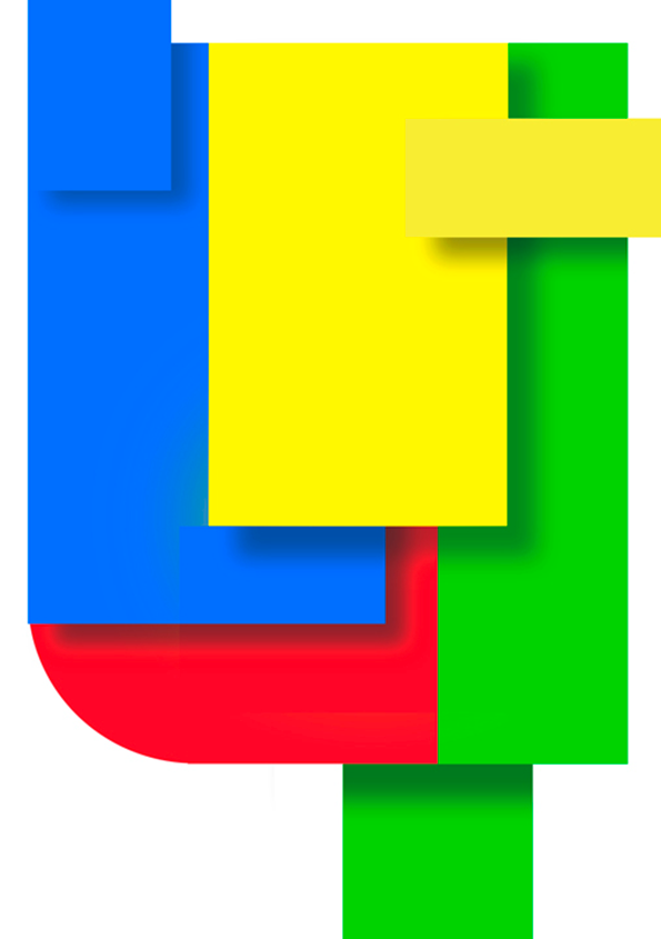 An abstract composition of overlapping colourful rectangles in blue, yellow, green and red. The shapes are arranged in a geometric cluster against a plain white background.
