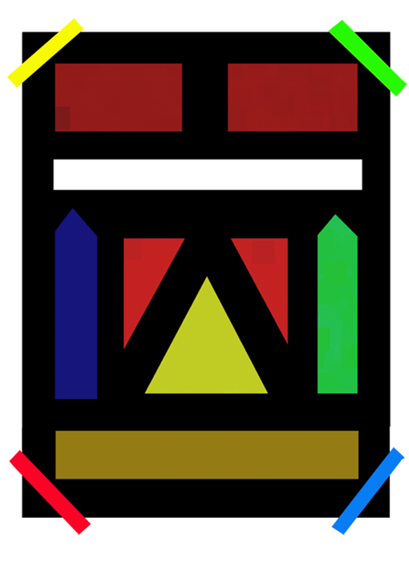 A geometric illustration featuring a black background with red, blue, green and yellow shapes. A yellow triangle sits in the centre, flanked by blue and green vertical bars.