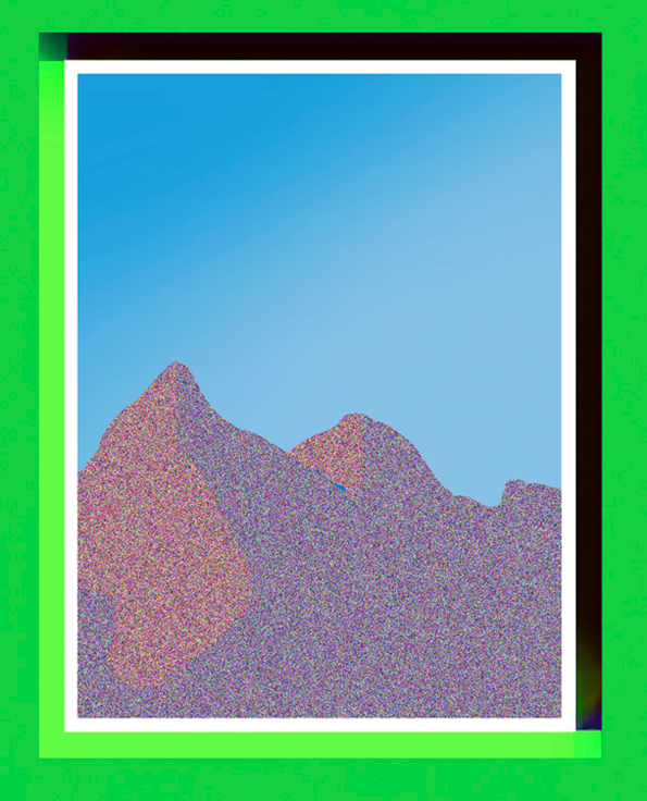 A digital collage of a mountain range under a clear blue sky. The mountains are filled with a dense, multi-coloured static pattern and set within a thick green frame.