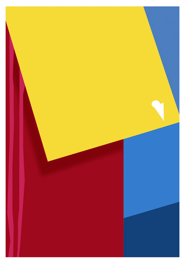 An abstract illustration of overlapping geometric shapes in yellow, red and blue. A small white organic form sits on the lower right edge of the yellow plane.