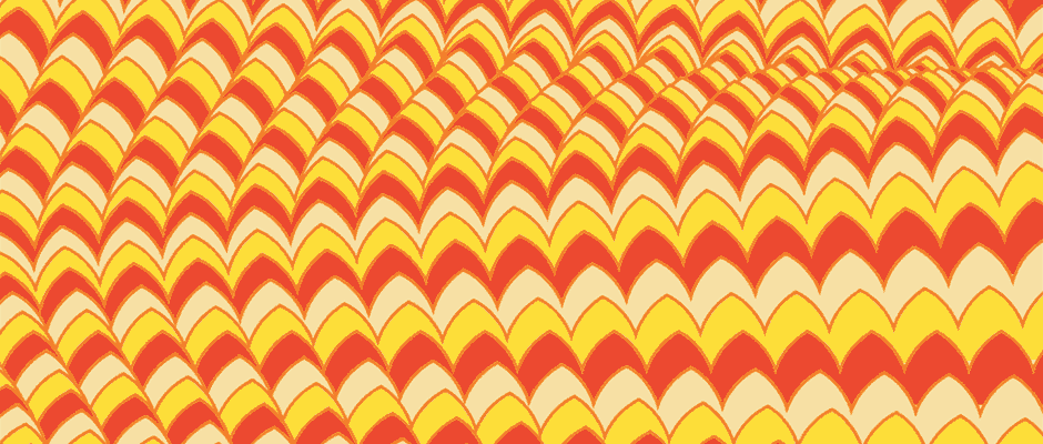 An animation of a repeating pattern of red, yellow and cream scales. The shapes shift and ripple subtly across the screen.
