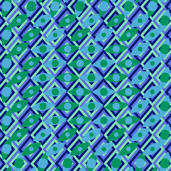 An animation of a geometric pattern in shades of blue and green. The repeating diamond shapes and eye-like motifs shift and warp subtly across the screen.