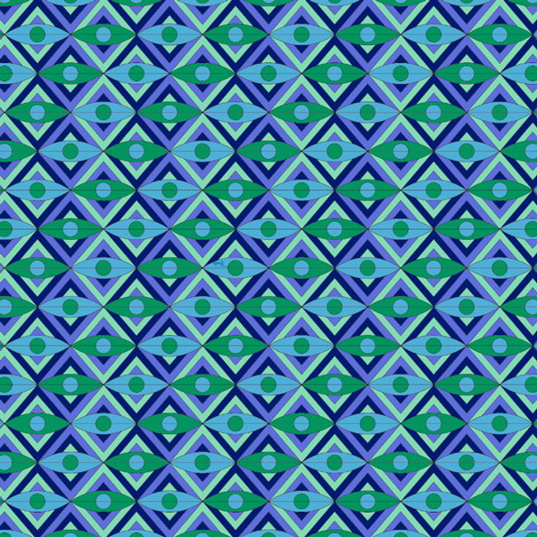A geometric pattern of interlocking diamonds and circles in shades of blue, green and purple. The repeating shapes create a rhythmic, kaleidoscopic effect across the frame.