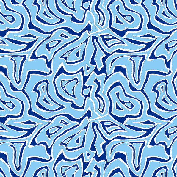 An abstract pattern of swirling, organic shapes in shades of light and dark blue. The interlocking lines create a fluid, rhythmic composition across the frame.