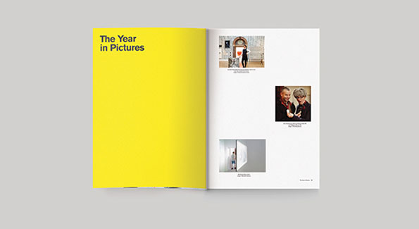 An open magazine spread features a bright yellow left page with the headline “The Year in Pictures”. The right page is white and contains three small photographs with accompanying captions.