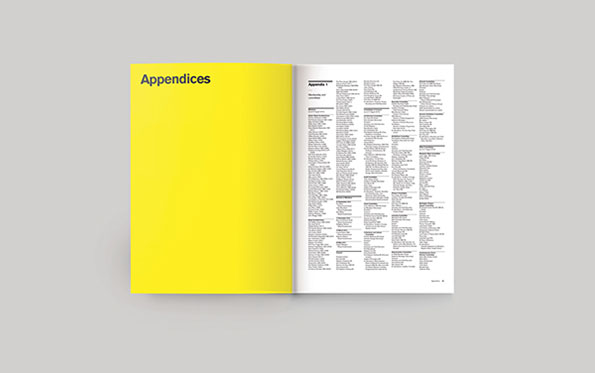 An open book shows a bright yellow page on the left with the word “Appendices” in the top corner. The right page contains a dense, multi-column list of text.