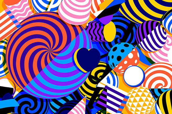 A vibrant 3D render of overlapping geometric shapes in bold colours. Spirals, spheres and a central heart are decorated with contrasting stripes, dots and grids.