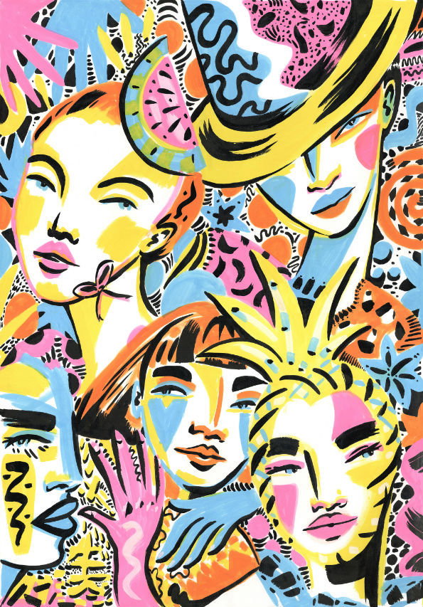 A colourful illustration of four stylised faces layered together in a bold, pop-art style. The composition uses vibrant pink, yellow and blue tones with heavy black outlines and abstract patterns.