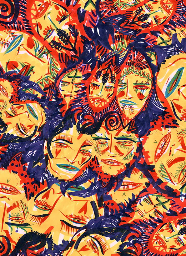 An illustration of multiple stylised faces overlapping in a dense, swirling composition. The figures are rendered in bold yellow, red and deep blue, with sharp lines and expressive features.