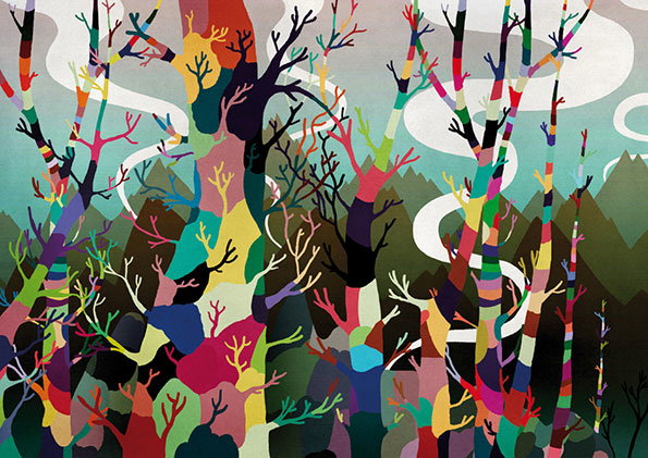 An illustration of a dense forest of leafless trees in a vibrant palette of multicoloured patches. White, swirling ribbons of smoke or mist wind through the trunks against a backdrop of jagged, geometric mountains.