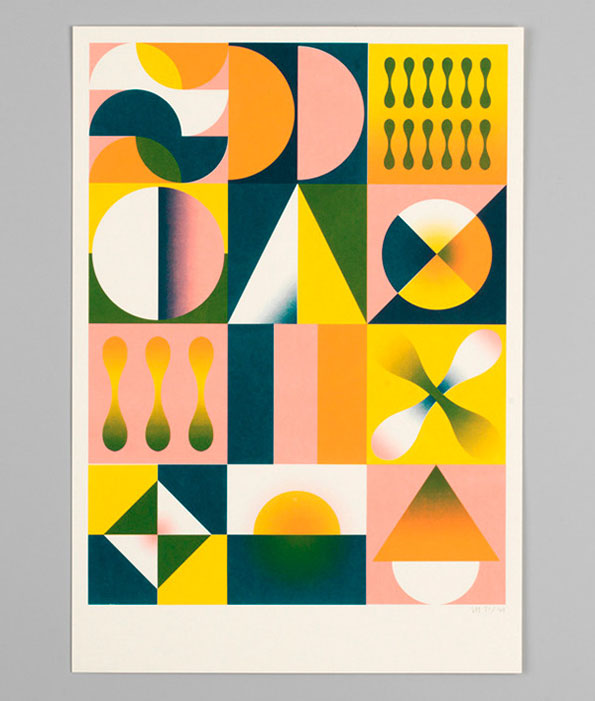 An abstract geometric illustration composed of a grid of twelve colourful panels. Each square contains a different arrangement of circles, triangles and organic shapes in shades of yellow, pink, green and blue.